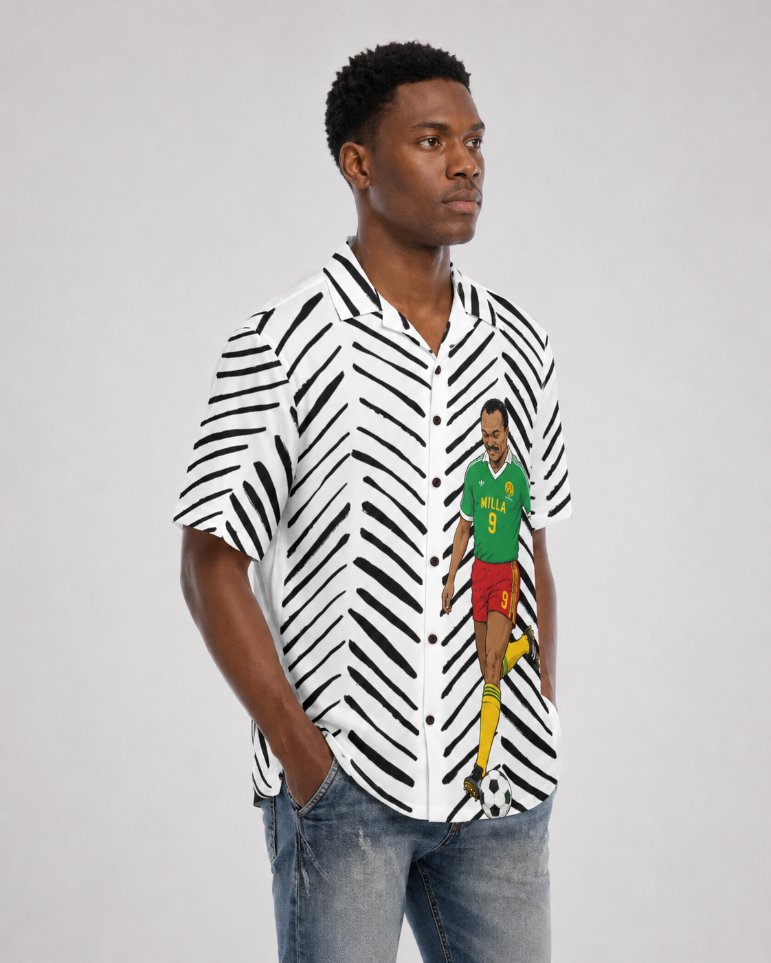 Roger Milla Hawaiian Shirt ,Cameroon Football Legend, Mudcloth Resort Shirt , African Soccer Camp Collar Button Up