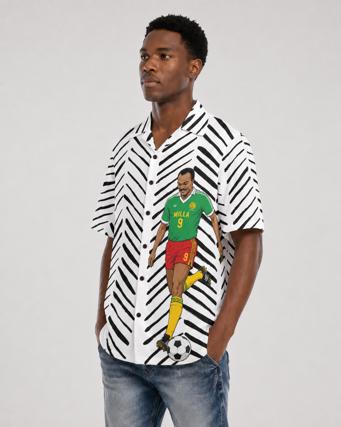 Roger Milla Hawaiian Shirt ,Cameroon Football Legend, Mudcloth Resort Shirt , African Soccer Camp Collar Button Up