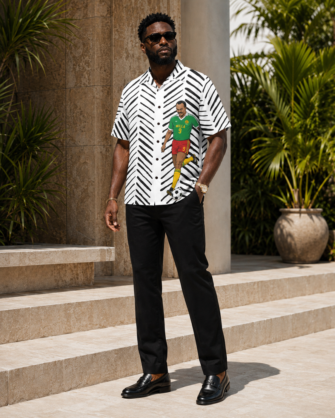 Roger Milla Hawaiian Shirt ,Cameroon Football Legend, Mudcloth Resort Shirt , African Soccer Camp Collar Button Up
