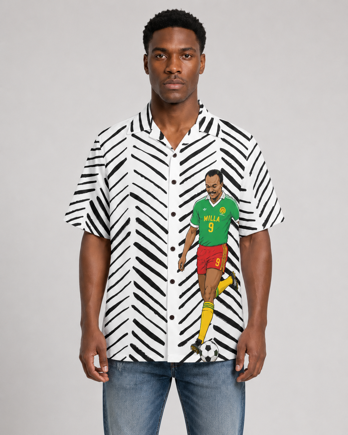 Roger Milla Hawaiian Shirt ,Cameroon Football Legend, Mudcloth Resort Shirt , African Soccer Camp Collar Button Up
