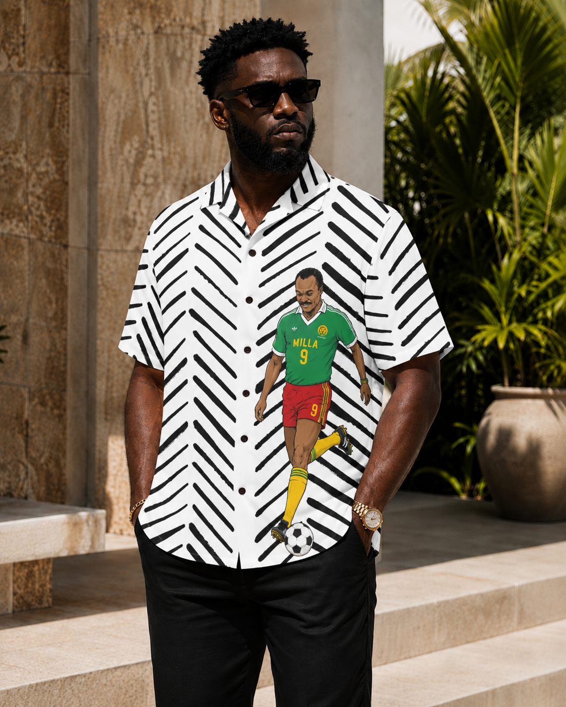 Roger Milla Hawaiian Shirt ,Cameroon Football Legend, Mudcloth Resort Shirt , African Soccer Camp Collar Button Up