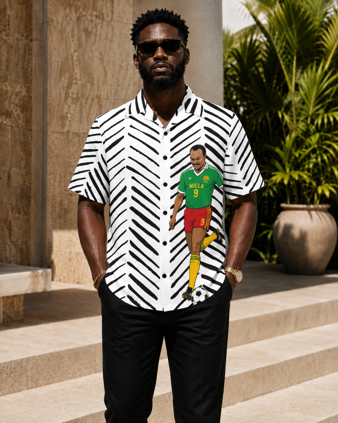 Roger Milla Hawaiian Shirt ,Cameroon Football Legend, Mudcloth Resort Shirt , African Soccer Camp Collar Button Up