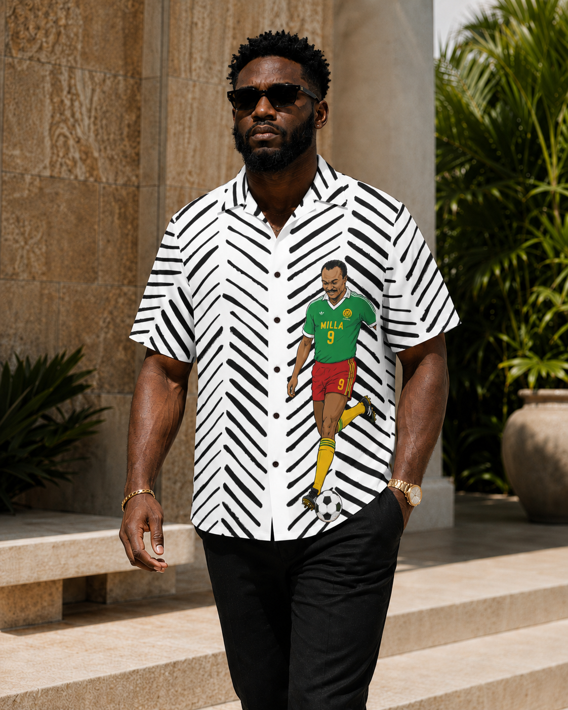 Roger Milla Hawaiian Shirt ,Cameroon Football Legend, Mudcloth Resort Shirt , African Soccer Camp Collar Button Up
