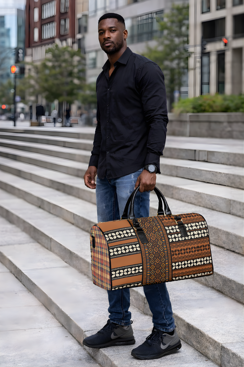 NEW Vegan Leather Mudcloth & Cowries Print Travel Bag