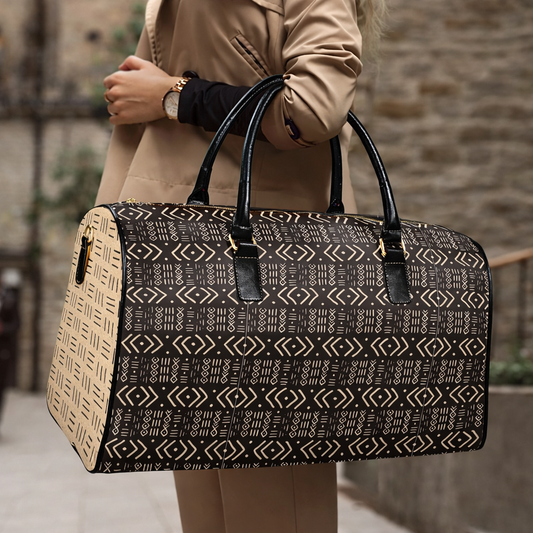 New Vegan Leather Travel Bag, Black Mudcloth with Cork Mudcloth Sides