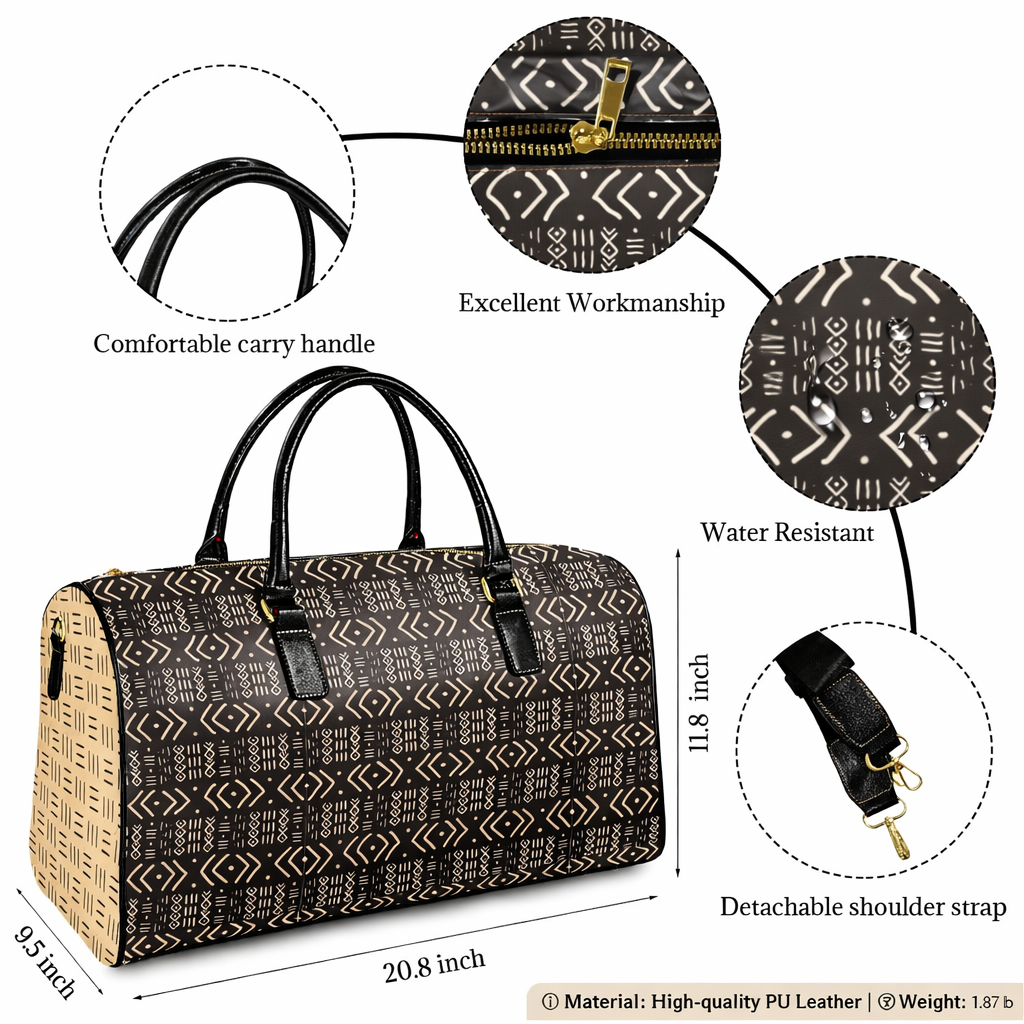 New Vegan Leather Travel Bag, Black Mudcloth with Cork Mudcloth Sides