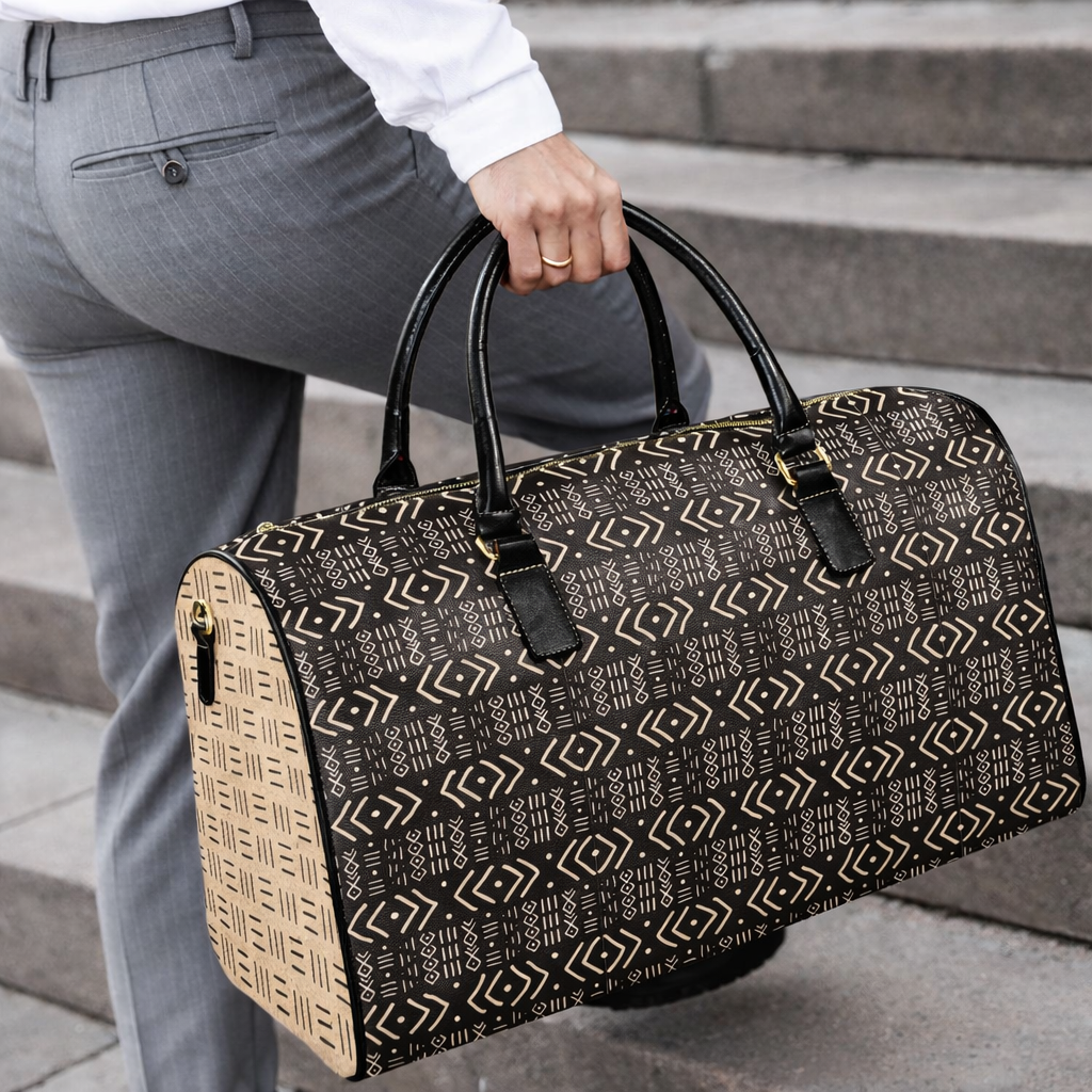 New Vegan Leather Travel Bag, Black Mudcloth with Cork Mudcloth Sides