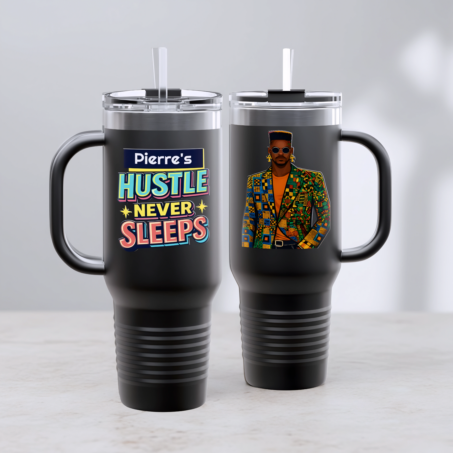 Hustler ever Sleeps Personalized Insulated Travel Mug, 40oz, Stylish Travel Companion, Premium Coffee Mug, Gifts for Him