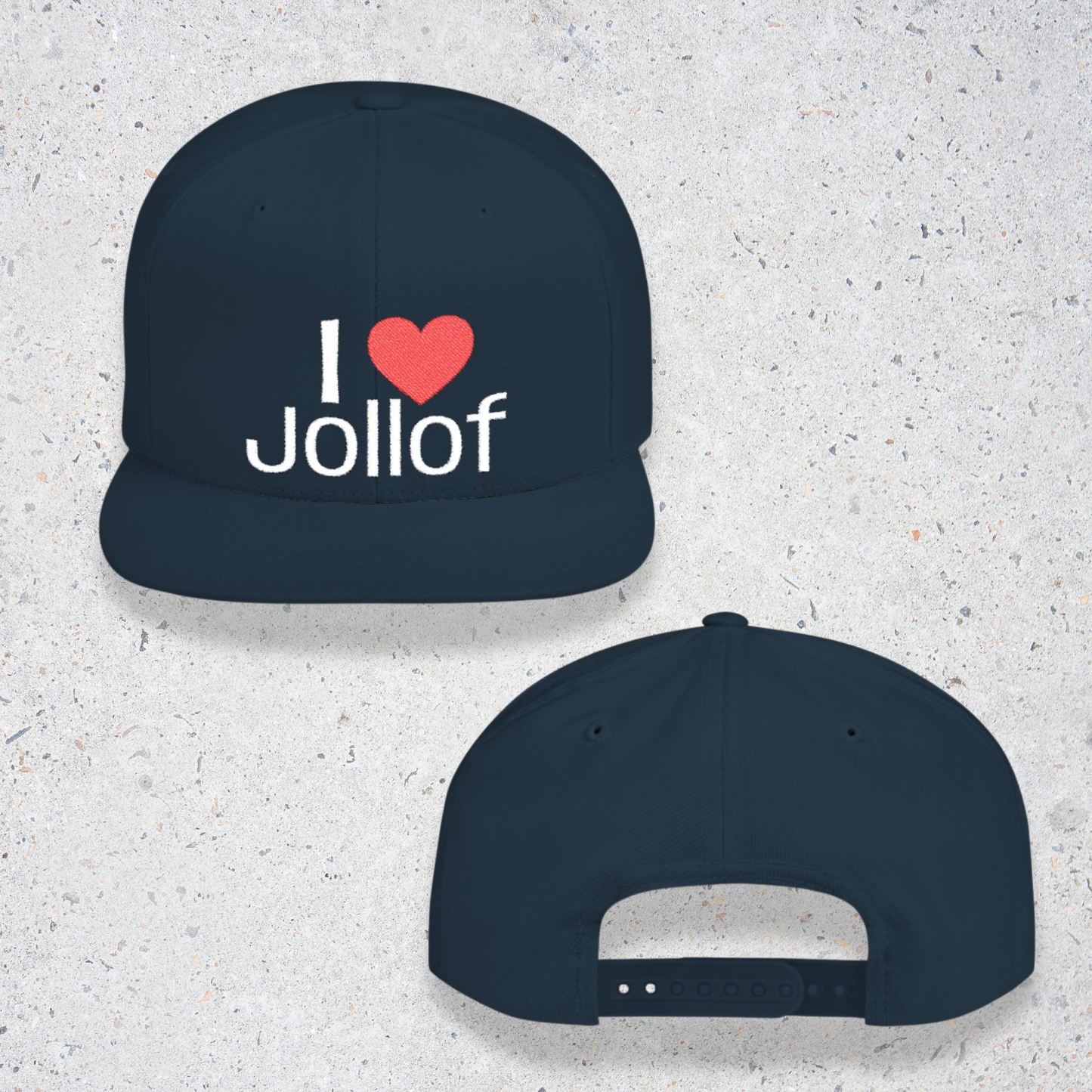 I luv Jollof Flat Bill Snapback Hat, Embroidered Adjustable One Size Cap