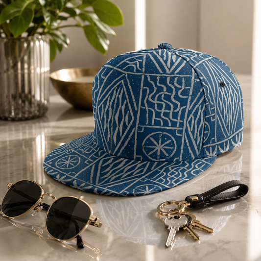 Ndop Flat Brim Snapback Hat, Blue Tribal Pattern Baseball Cap