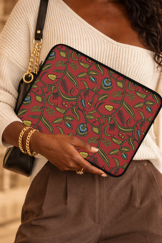 Red Floral Vine Ankara Pattern Laptop Sleeve, Vintage Art, Floral Laptop Protector, Mother's Day Gift