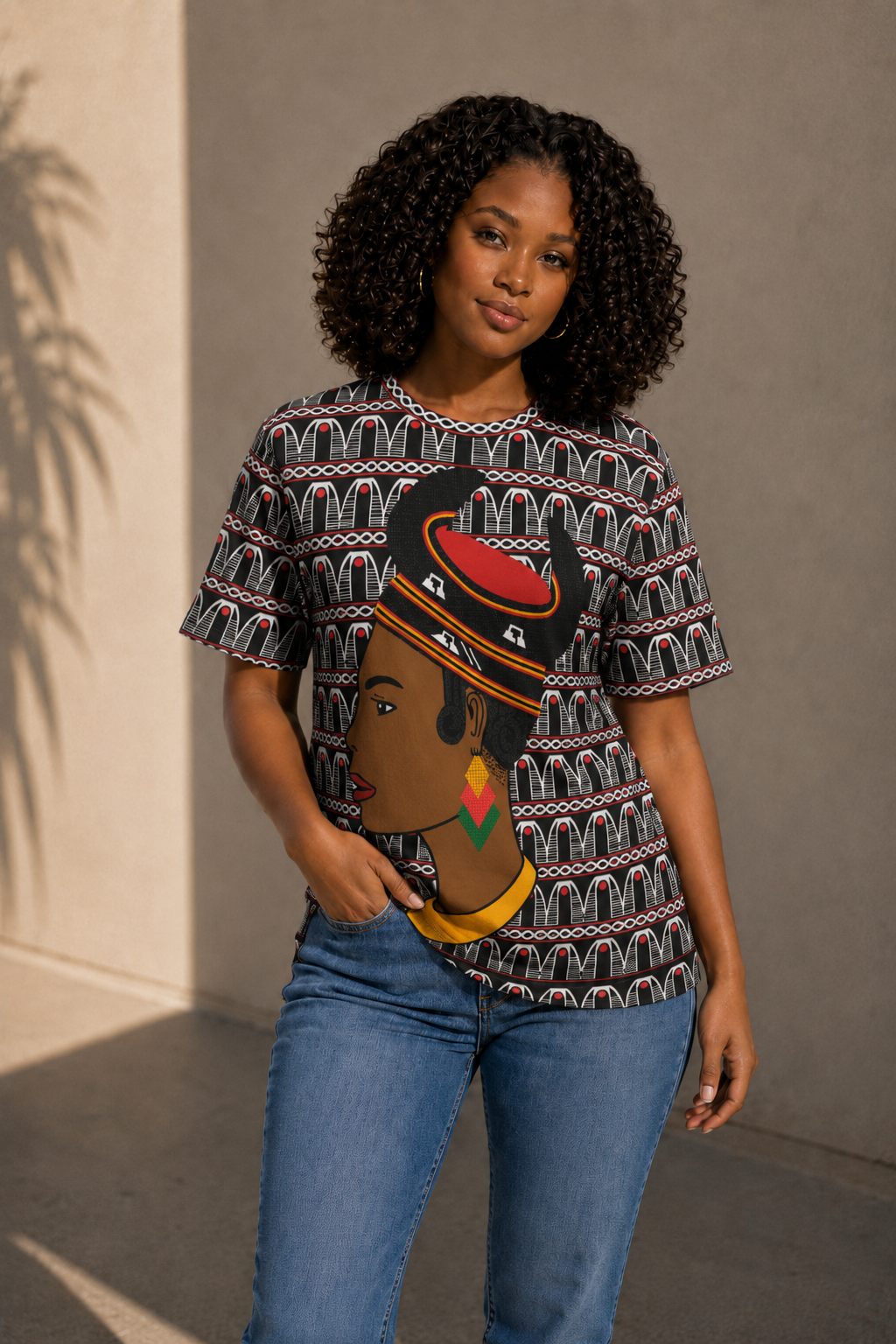 Hok Lady Unisex Athletic Eyebird T-Shirt, Cameroon Toghu Design, Ready to Ship  All-Over Print T-Shirt