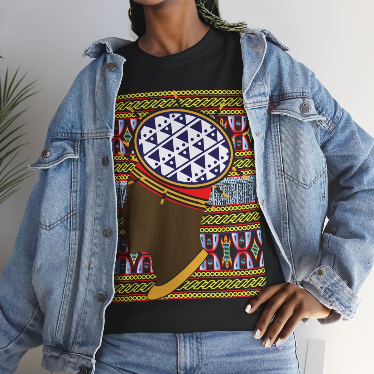 Man in Spiky Bamenda Bamileke Hat Chocolate on Black Mudcloth Unisex Heavy Cotton Tee
