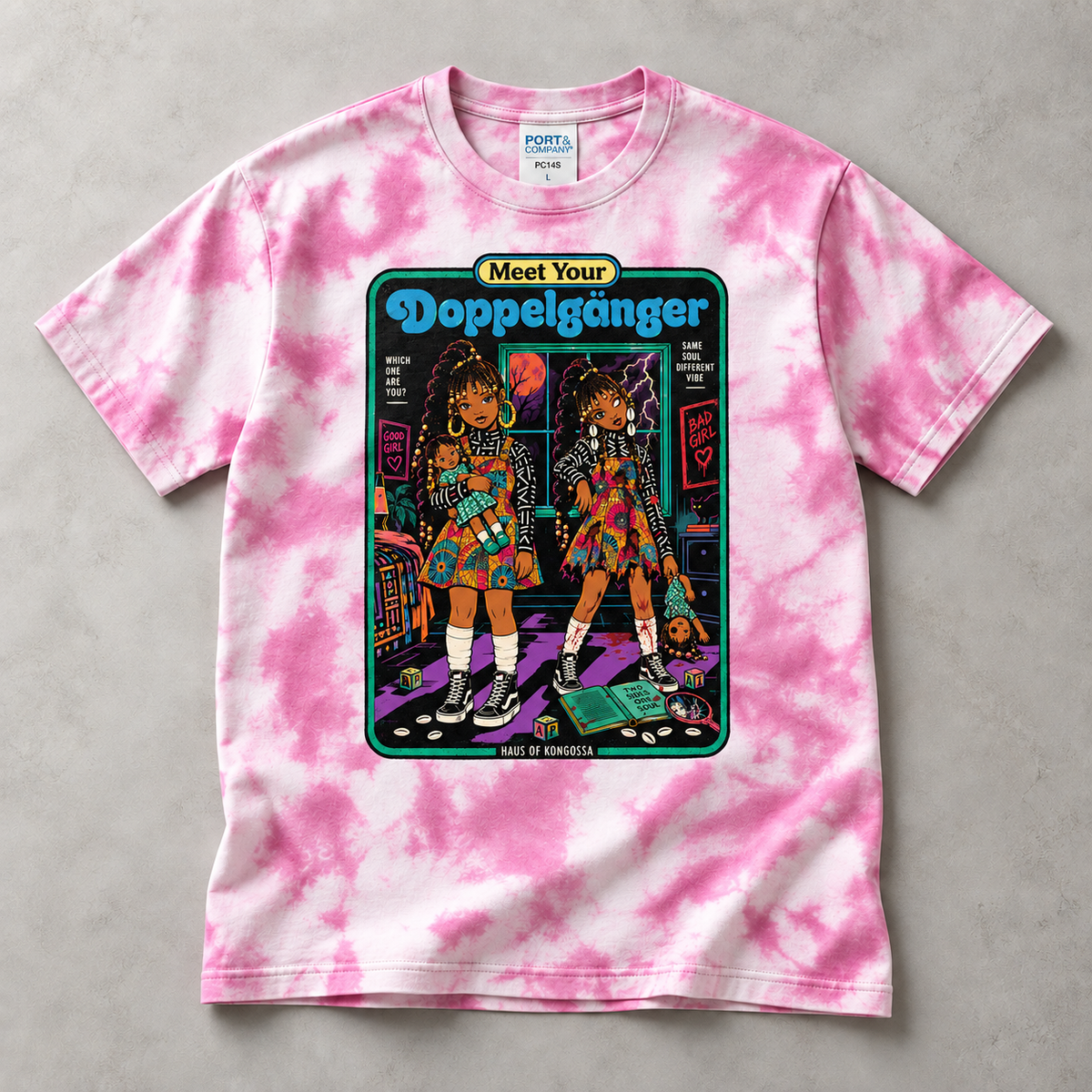 Meet Your Doppelgänger Halloween Tie Dye Tee, Good Girl Bad Girl Twin Graphic Shirt, Spooky Afro Horror T-Shirt, 10 Colors