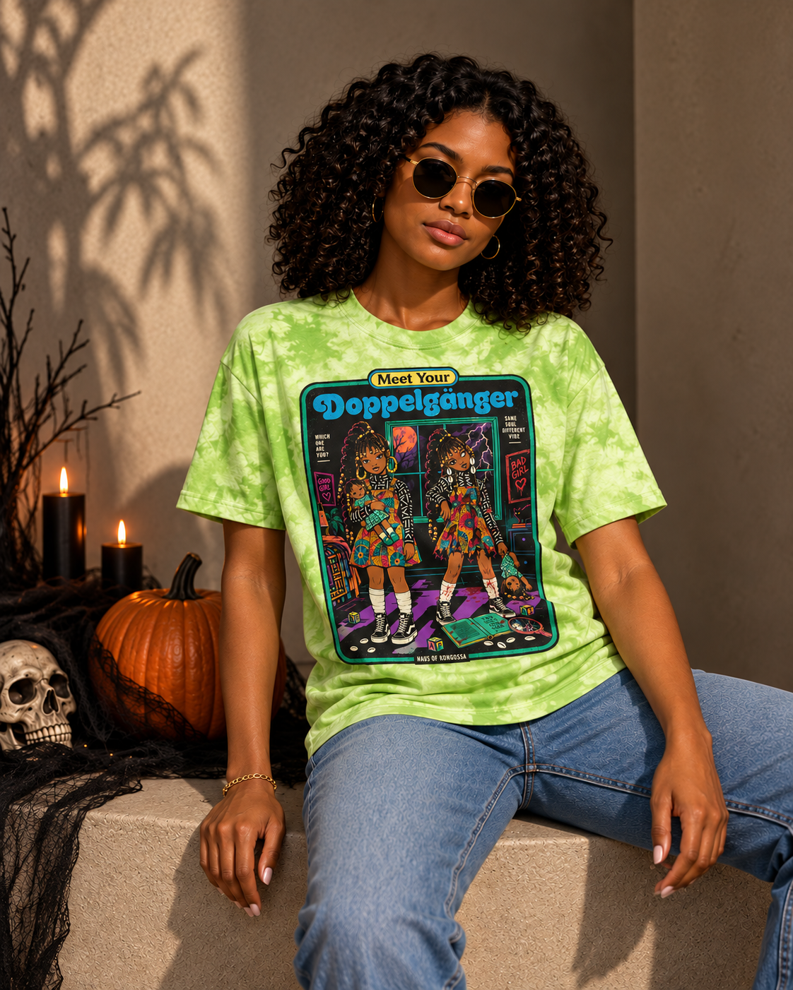 Meet Your Doppelgänger Halloween Tie Dye Tee, Good Girl Bad Girl Twin Graphic Shirt, Spooky Afro Horror T-Shirt, 10 Colors