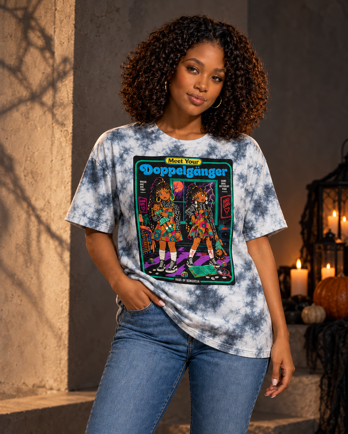 Meet Your Doppelgänger Halloween Tie Dye Tee, Good Girl Bad Girl Twin Graphic Shirt, Spooky Afro Horror T-Shirt, 10 Colors