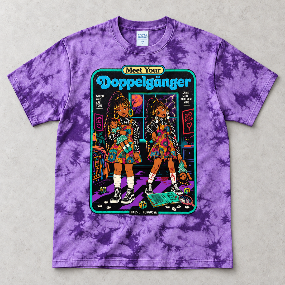 Meet Your Doppelgänger Halloween Tie Dye Tee, Good Girl Bad Girl Twin Graphic Shirt, Spooky Afro Horror T-Shirt, 10 Colors