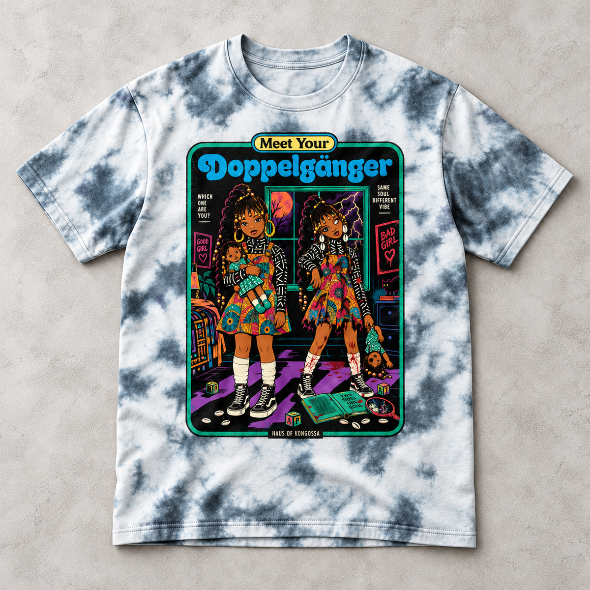 Meet Your Doppelgänger Halloween Tie Dye Tee, Good Girl Bad Girl Twin Graphic Shirt, Spooky Afro Horror T-Shirt, 10 Colors