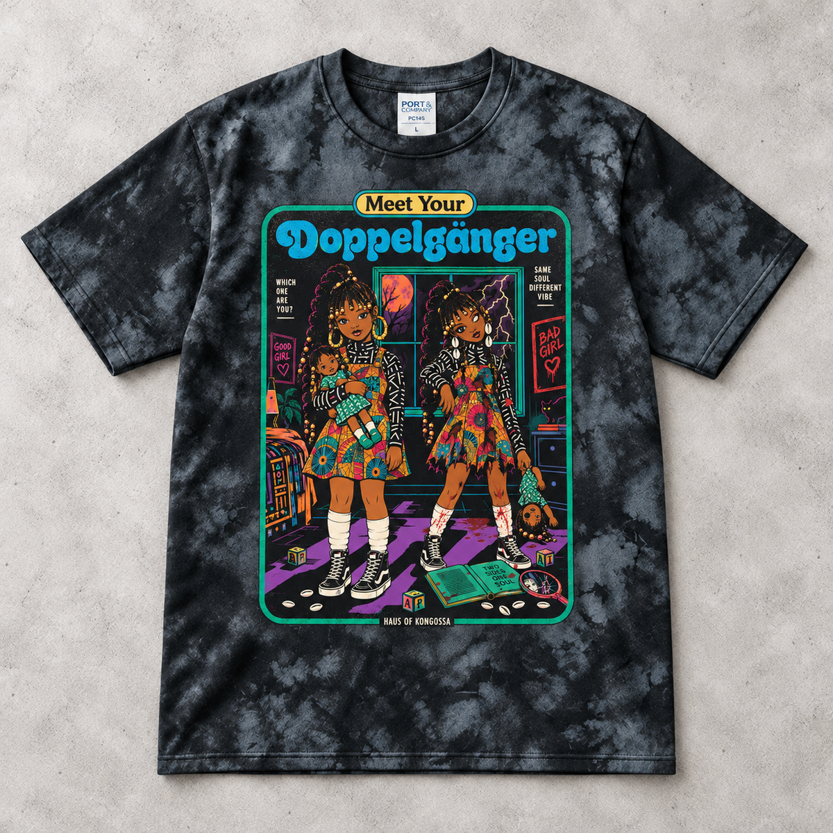 Meet Your Doppelgänger Halloween Tie Dye Tee, Good Girl Bad Girl Twin Graphic Shirt, Spooky Afro Horror T-Shirt, 10 Colors