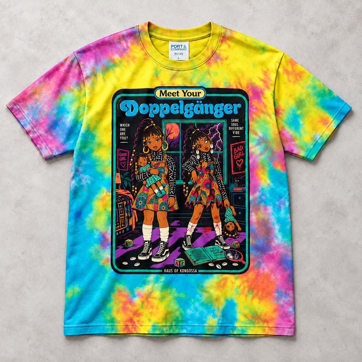 Meet Your Doppelgänger Halloween Tie Dye Tee, Good Girl Bad Girl Twin Graphic Shirt, Spooky Afro Horror T-Shirt, 10 Colors