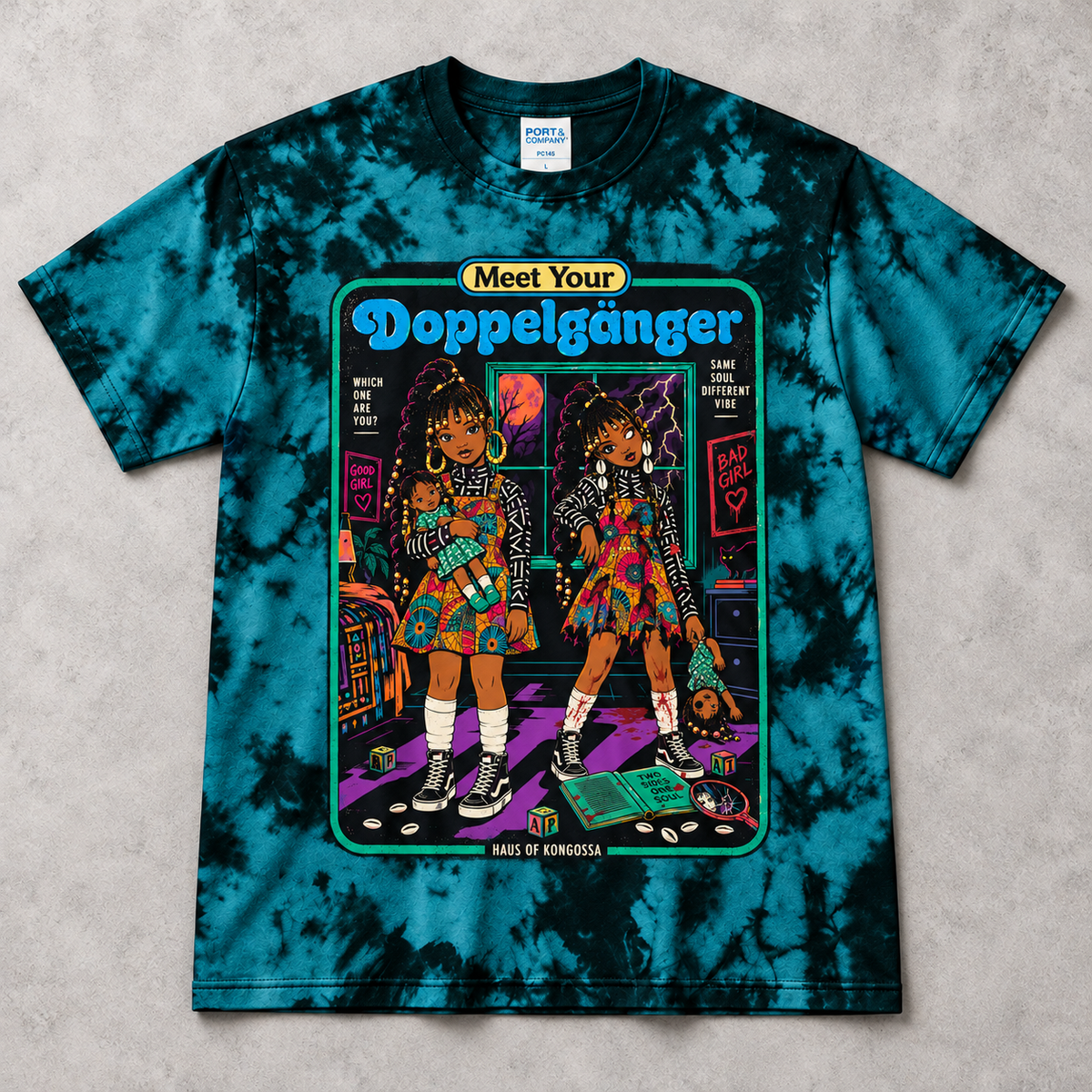 Meet Your Doppelgänger Halloween Tie Dye Tee, Good Girl Bad Girl Twin Graphic Shirt, Spooky Afro Horror T-Shirt, 10 Colors