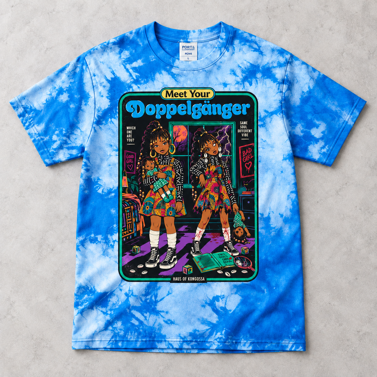 Meet Your Doppelgänger Halloween Tie Dye Tee, Good Girl Bad Girl Twin Graphic Shirt, Spooky Afro Horror T-Shirt, 10 Colors