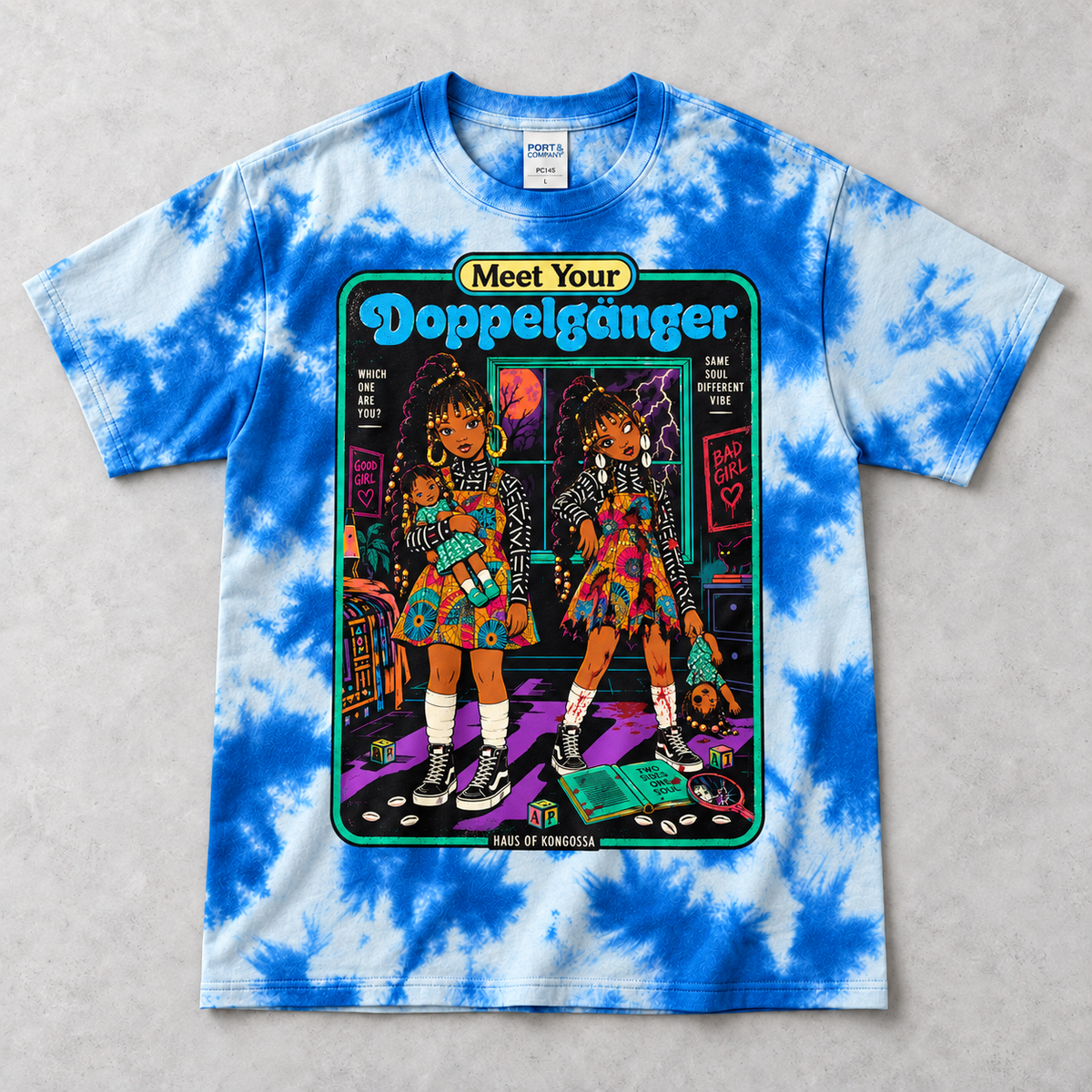 Meet Your Doppelgänger Halloween Tie Dye Tee, Good Girl Bad Girl Twin Graphic Shirt, Spooky Afro Horror T-Shirt, 10 Colors