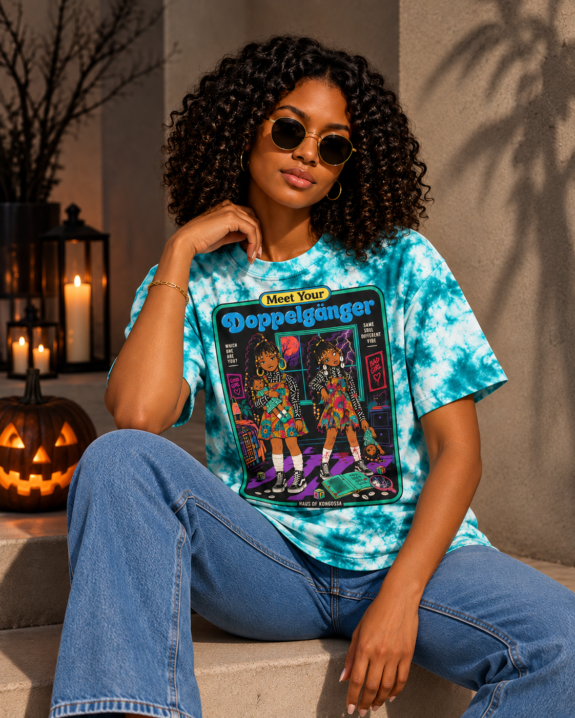 Meet Your Doppelgänger Halloween Tie Dye Tee, Good Girl Bad Girl Twin Graphic Shirt, Spooky Afro Horror T-Shirt, 10 Colors