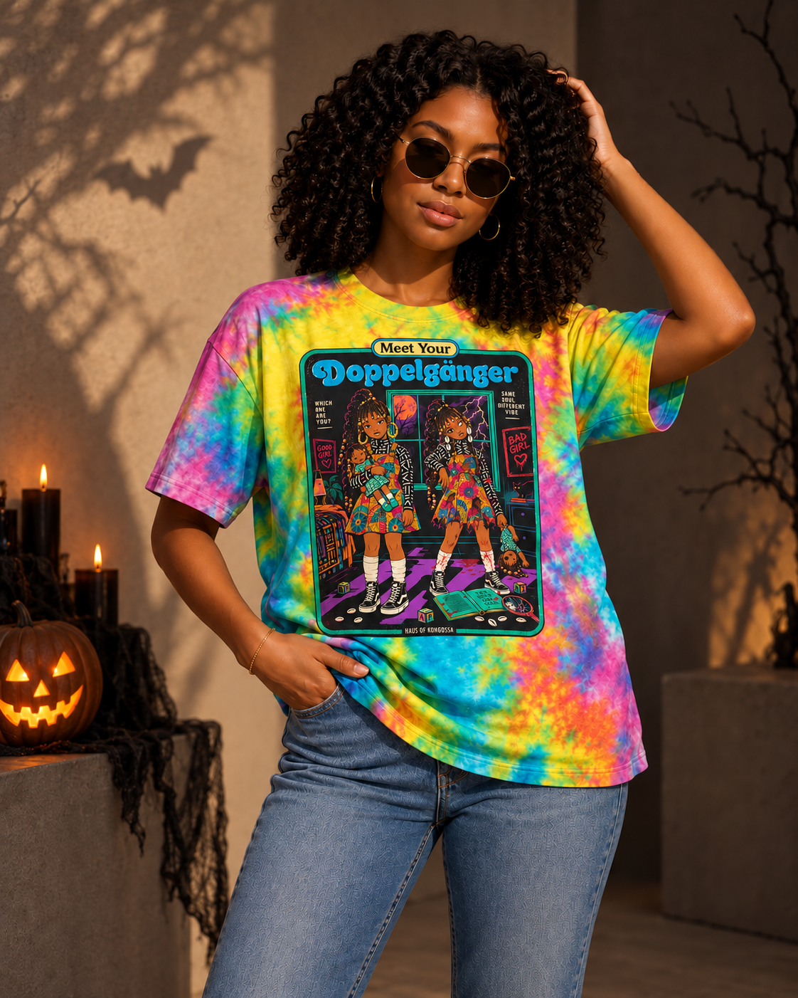 Meet Your Doppelgänger Halloween Tie Dye Tee, Good Girl Bad Girl Twin Graphic Shirt, Spooky Afro Horror T-Shirt, 10 Colors