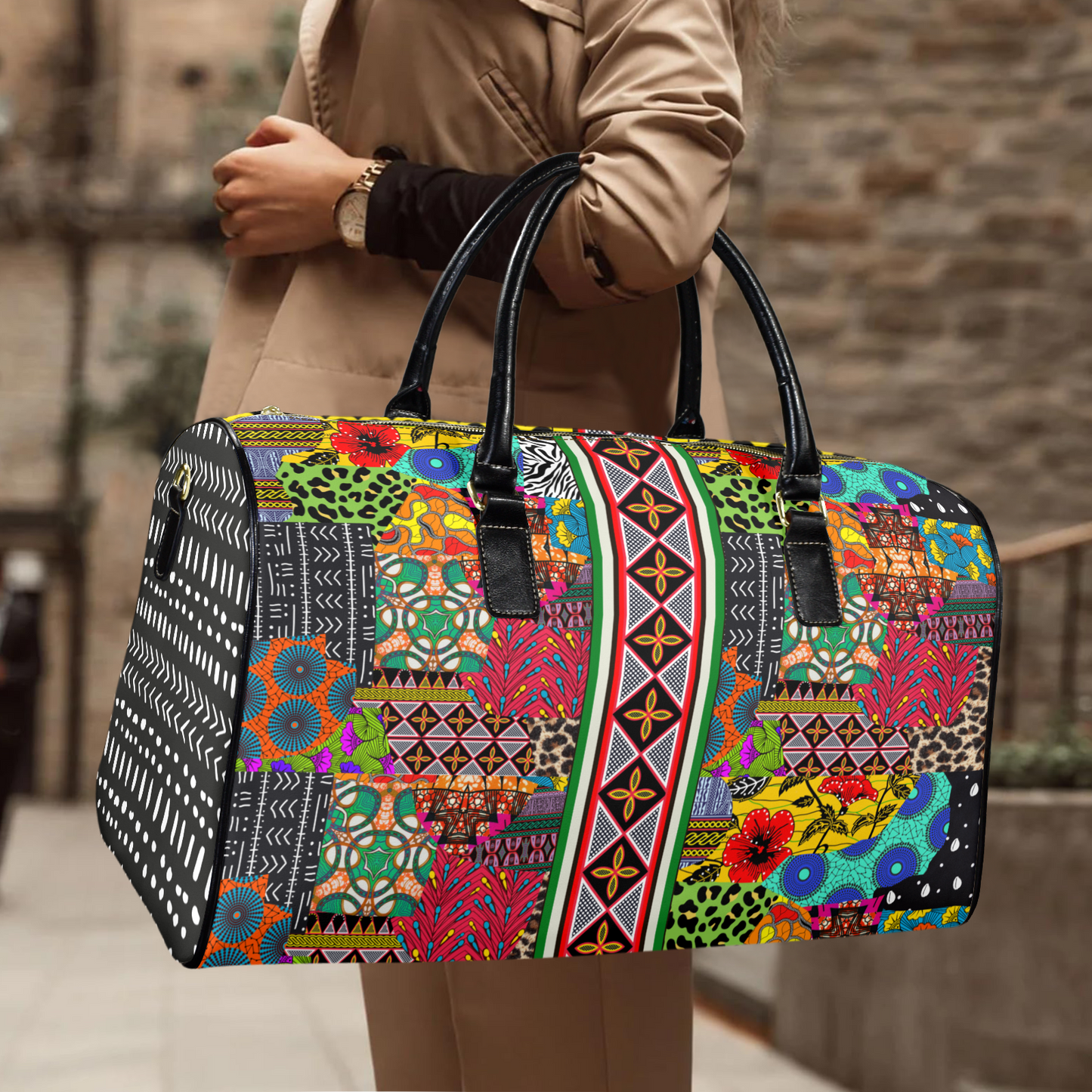 NEW Vegan Leather Ankara and Toghu Print Travel Bag, two-sided design