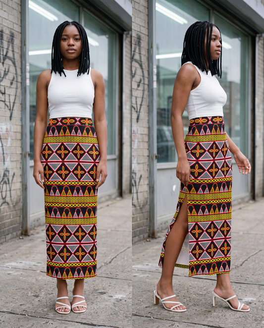 Toghu Print Maxi Skirt: Bold African Fabric, Side Slit Skirt, Ready to Ship